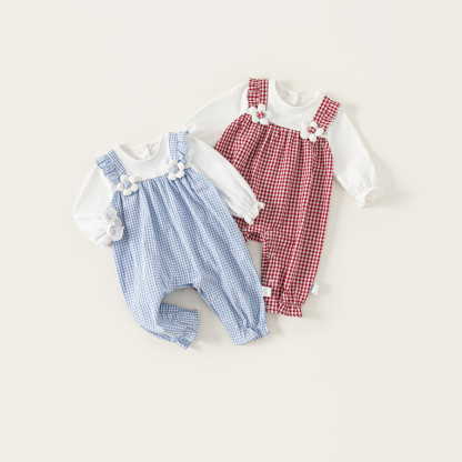嬰童秋裝假兩件揹帶褲格紋花邊新生兒衣服寶寶連體衣女童爬服