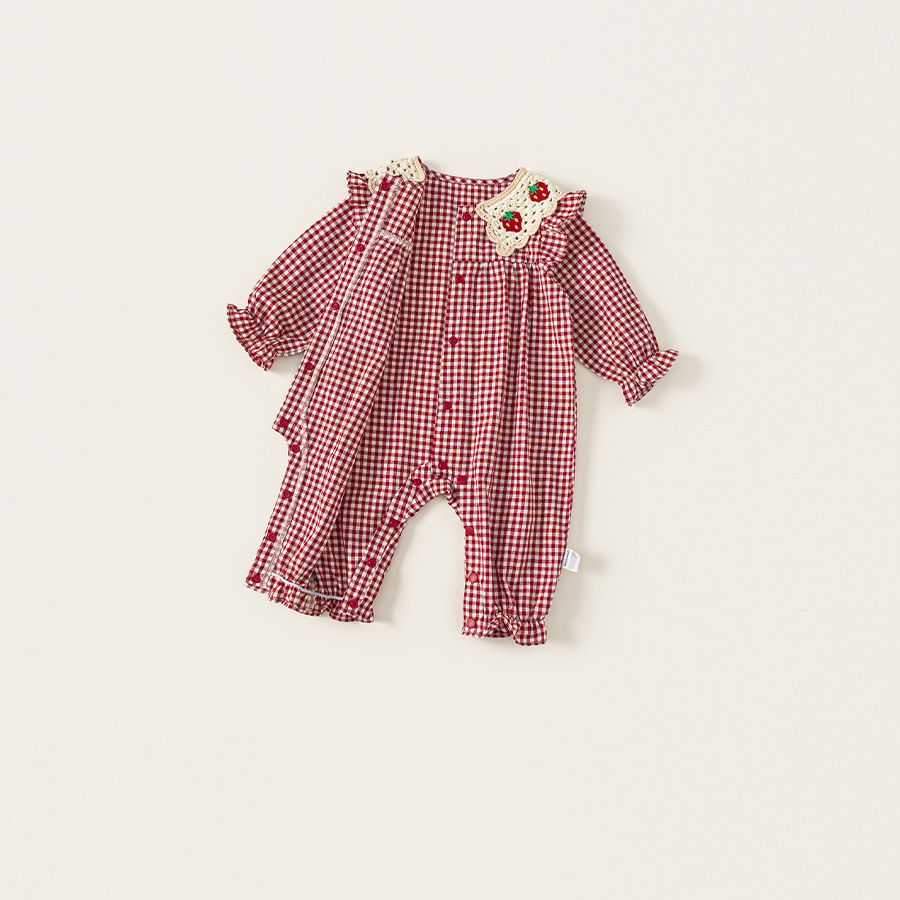 秋季新款童裝女寶寶衣服格紋編織翻領新生兒爬服女童連體衣