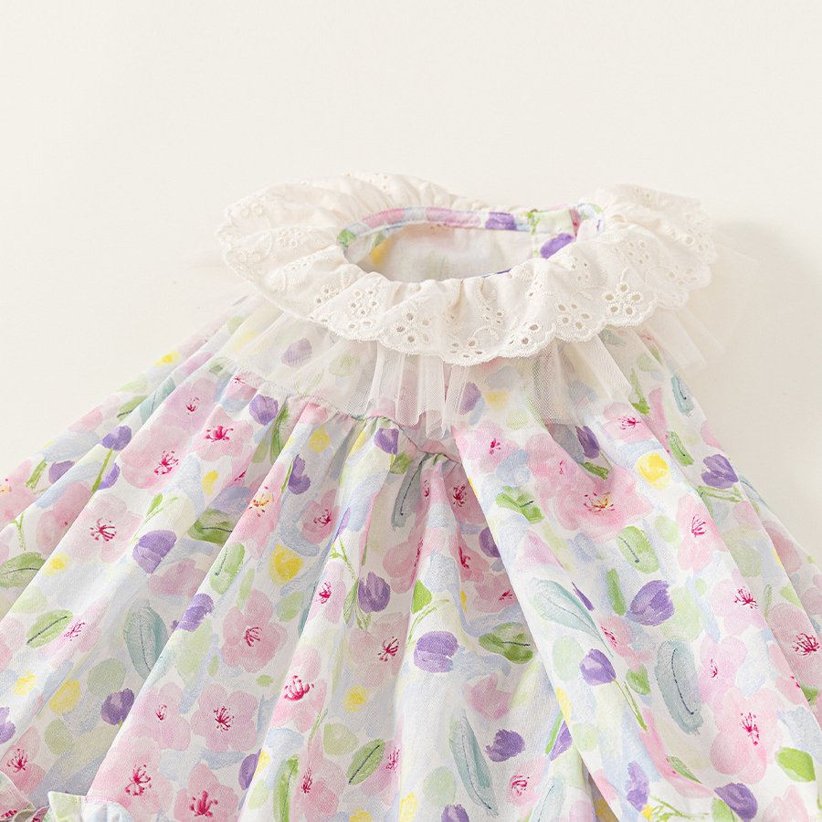 童裝女童連衣裙彩色寬鬆兒童裙子春季新品花邊領寶寶長袖裙子