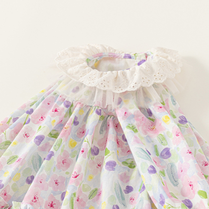 童裝女童連衣裙彩色寬鬆兒童裙子春季新品花邊領寶寶長袖裙子