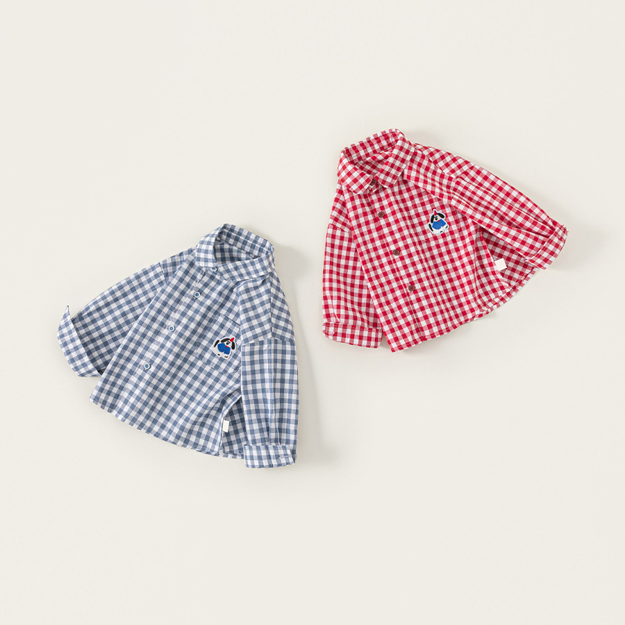 童裝秋季兒童上衣男童長袖繡花格子衫男寶寶翻領襯衣女童襯衫