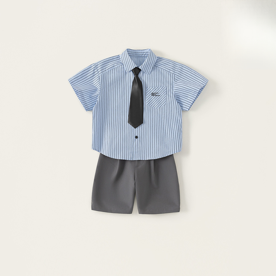 童裝夏季新款男童衣服套裝簡約休閒條紋襯衫休閒短褲兩件套