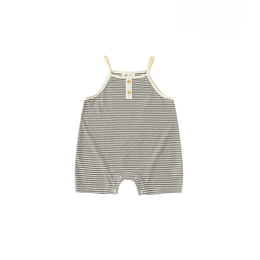 童裝夏季新品連體衣新生兒單排扣吊帶嬰兒衣服男寶寶條紋爬服