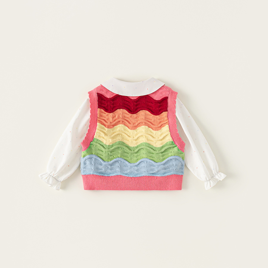 童裝女童白色襯衫彩色條紋毛線馬甲兩件套兒童套裝