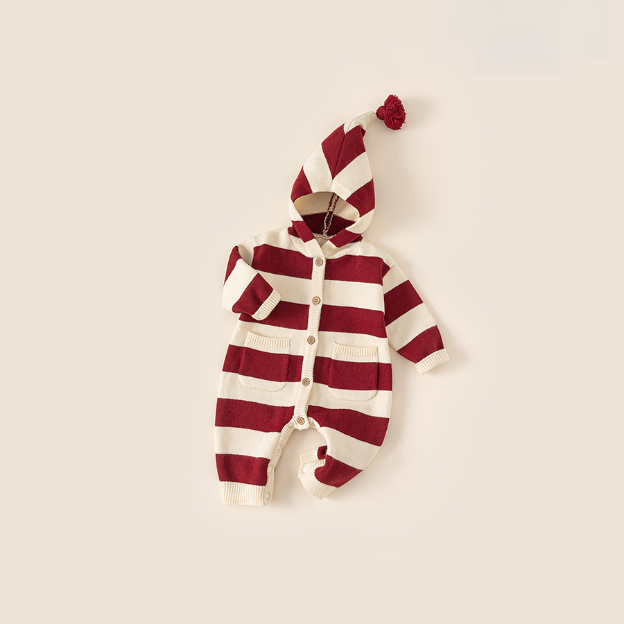 新款冬季童裝男寶寶連體衣撞色條紋針織衫魔法帽女童連體衣