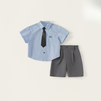 童裝夏季新款男童衣服套裝簡約休閒條紋襯衫休閒短褲兩件套