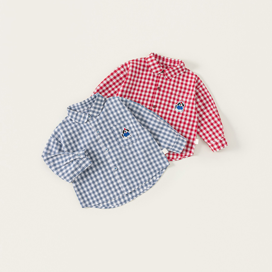 童裝秋季兒童上衣男童長袖繡花格子衫男寶寶翻領襯衣女童襯衫