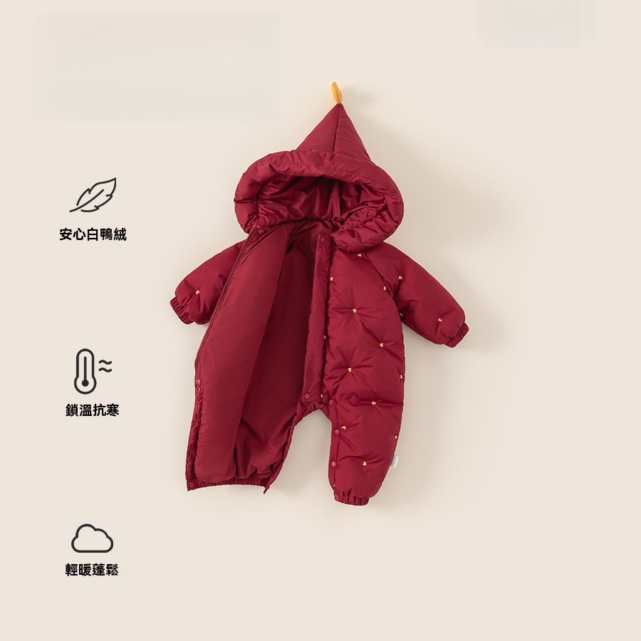 冬季保暖童裝魔法帽女寶寶連體衣新生兒衣服紅色女童羽絨爬服