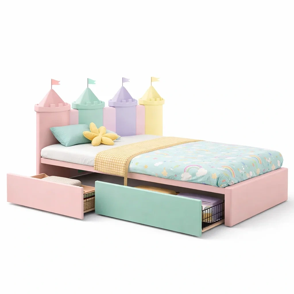 Kids Wooden Bed with Castle Headboard and Storage Drawers-harmonylivingwood
