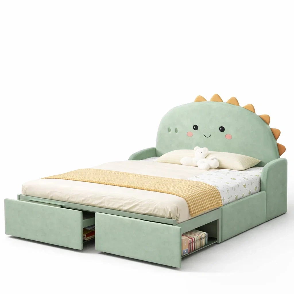 Kids Upholstered Bed with Cartoon Headboard and Storage Drawers-harmonylivingwood