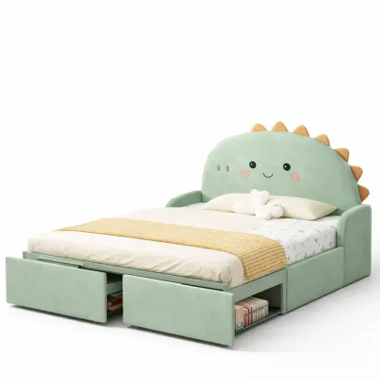 Kids Upholstered Bed with Cartoon Headboard and Storage Drawers-harmonylivingwood
