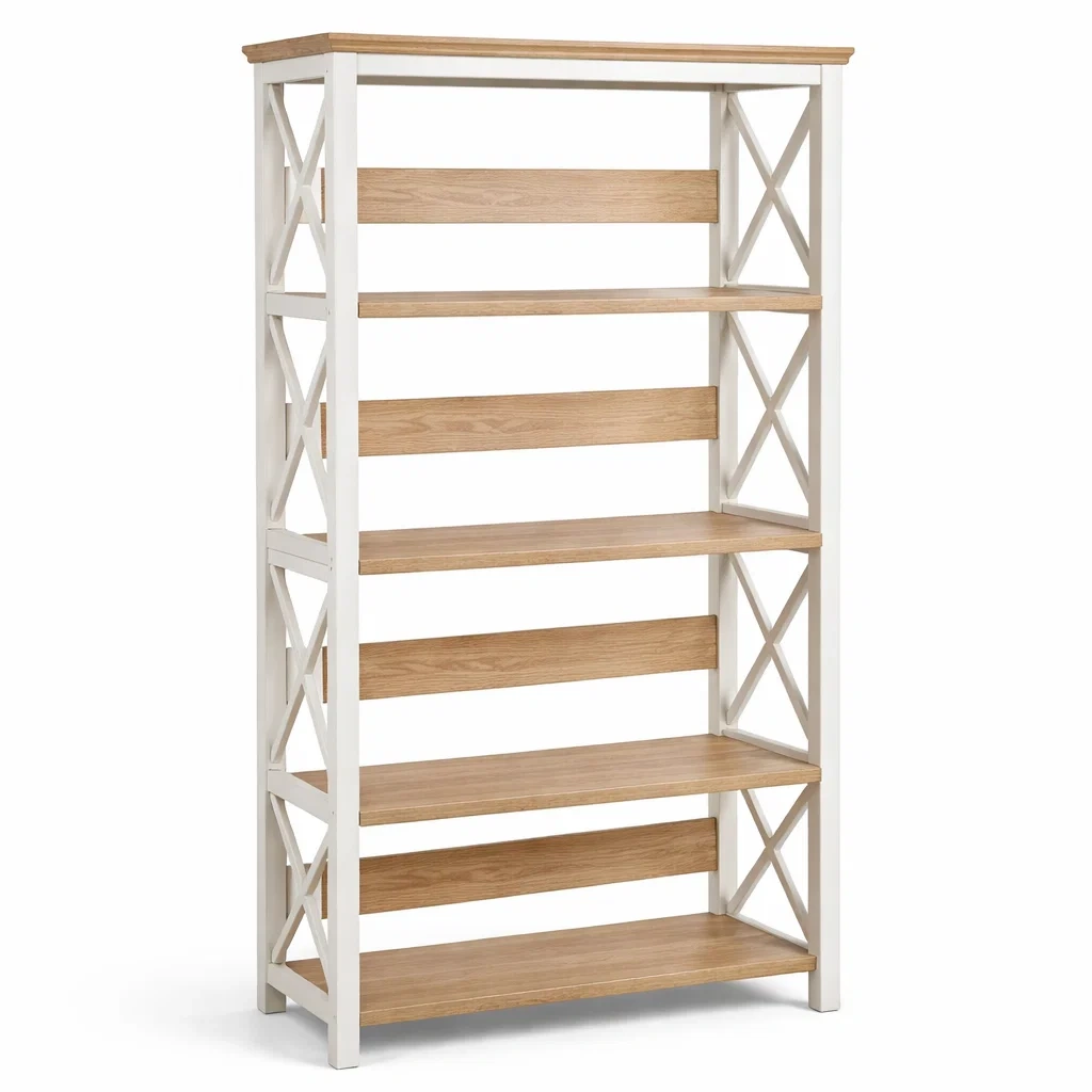 Wood Effect Bookcase with White Frame and Cross Side Panels