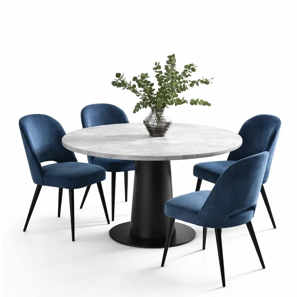 Round Dining Table Set with Marble Effect Top and Upholstered Chairs