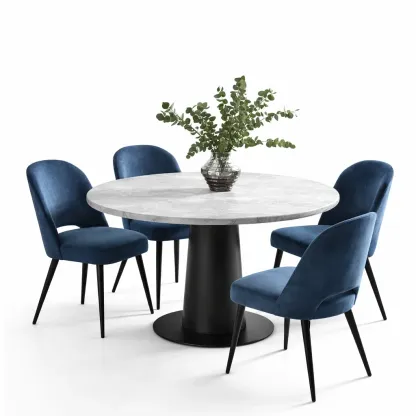 Round Dining Table Set with Marble Effect Top and Upholstered Chairs