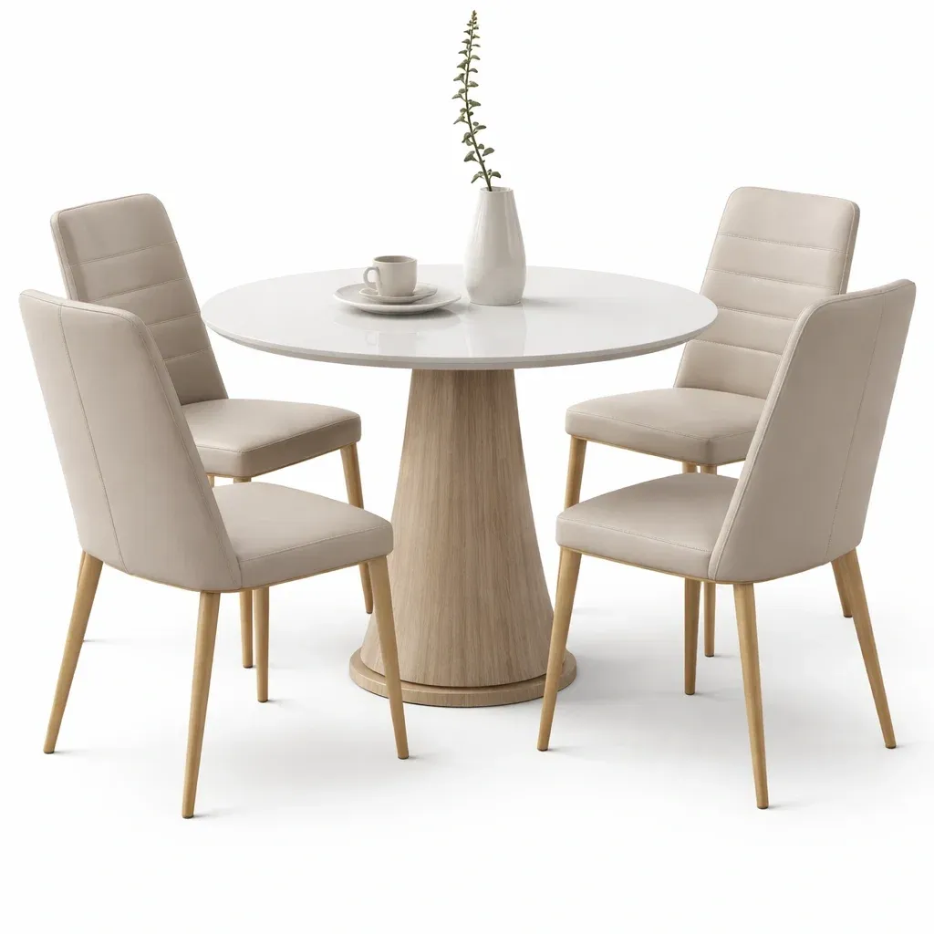 Round Dining Table Set with Gloss White Top and Upholstered Chairs
