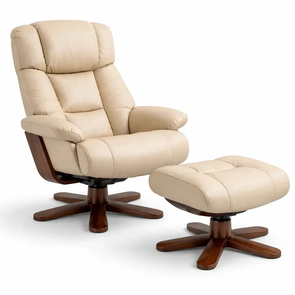 Leather Recliner Chair with Wooden Swivel Base and Footstool