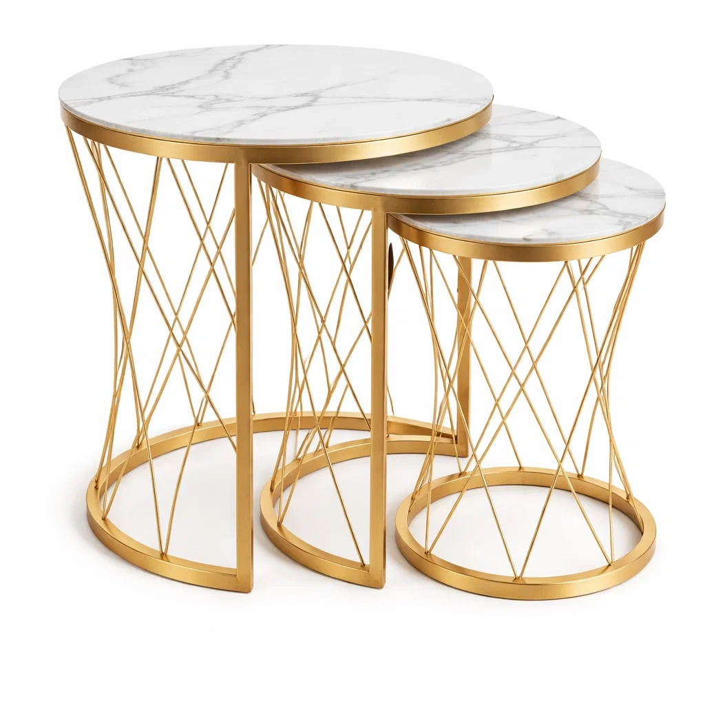 Round Nesting Side Tables Set with Marble Effect Tops and Gold Metal Frame-harmonylivingwood