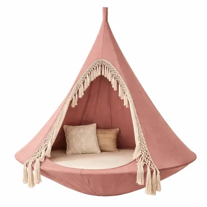 Hanging Fabric Hammock Chair with Tassel Trim and Cushioned Seat-harmonylivingwood
