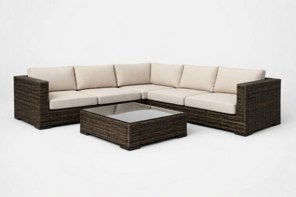 Rattan Outdoor Sectional Sofa Set with Coffee Table and Beige Cushions