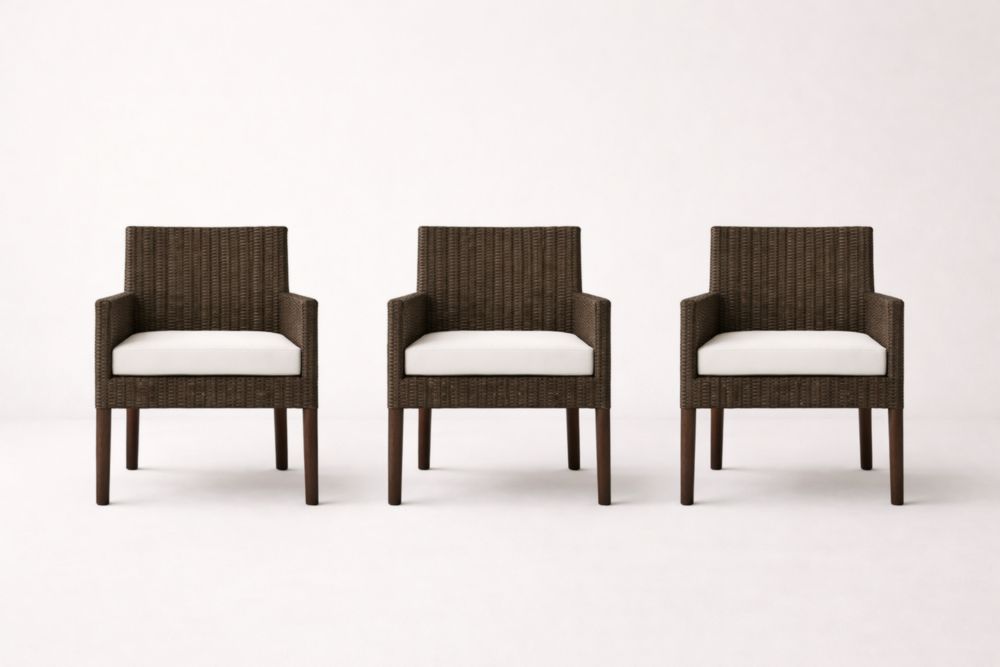 Set of 3 Outdoor Wicker Armchairs with Cushions Brown Frame White Cushions