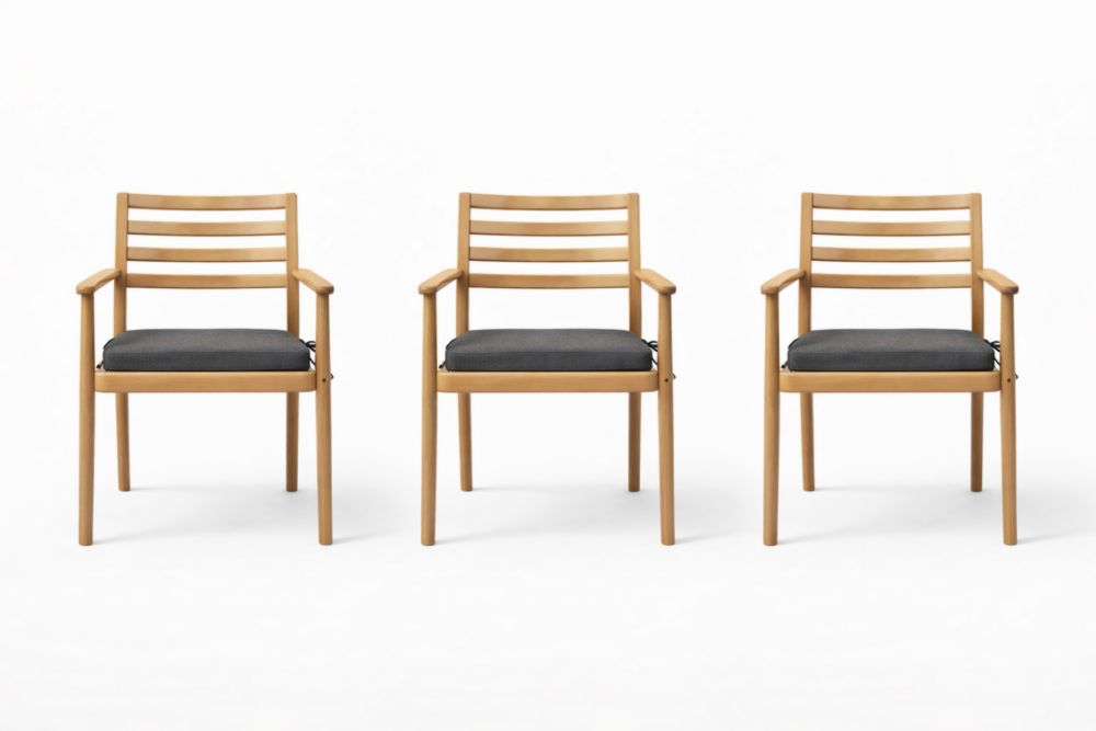 Wooden Armchair Set with Cushions 3-Pack Oak Finish Grey Cushions 58x55x84 cm