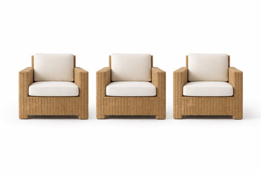 Outdoor Wicker Armchair Set of 3 with Cushions Beige 76cm x 80cm x 85cm