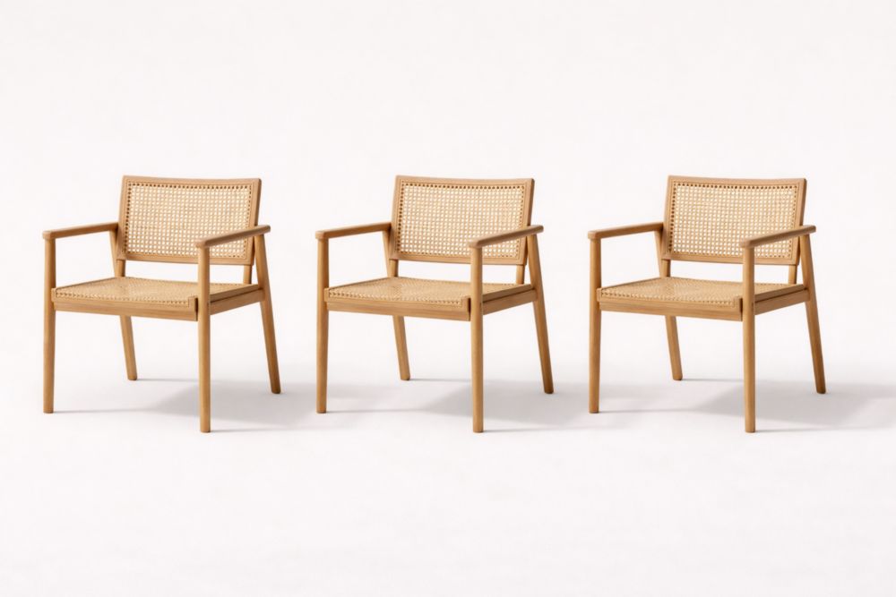 Wood Lounge Chairs Set of 3 with Rattan Backrest Natural Finish