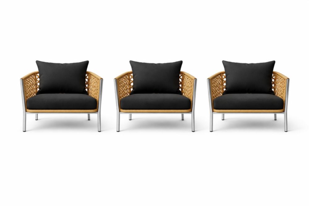 Outdoor Rattan Lounge Chair Set with Metal Frame and Black Cushions 3-Piece