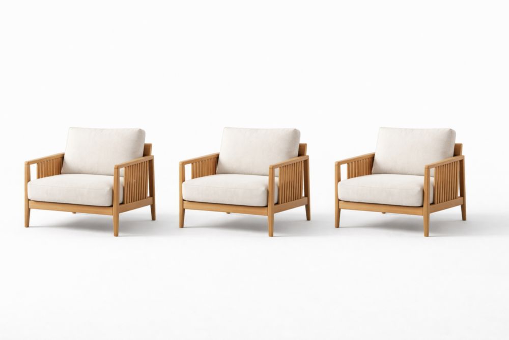 Set of 3 Wooden Armchairs with Beige Polyester Cushions