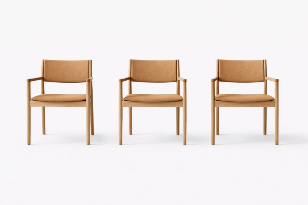 Set of 3 Oak Wood Dining Chairs with Fabric Cushions, Brown