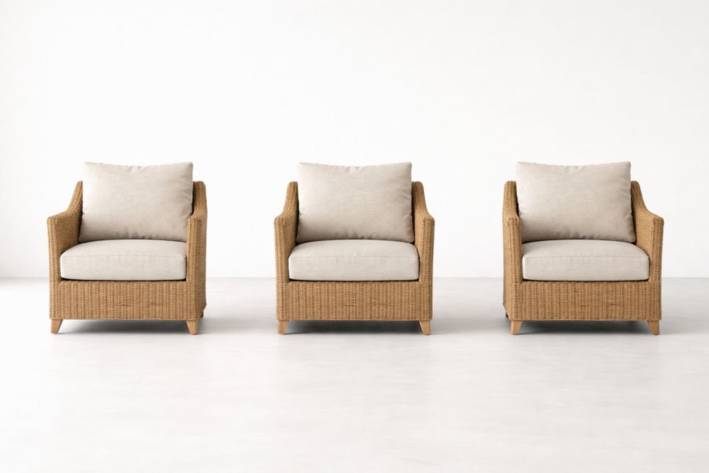 Wicker Armchair Set with Beige Cushions