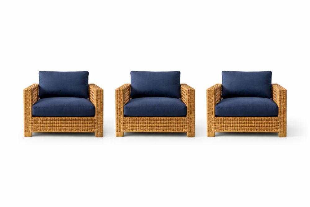 3-Piece Rattan Armchair Set with Blue Cushions