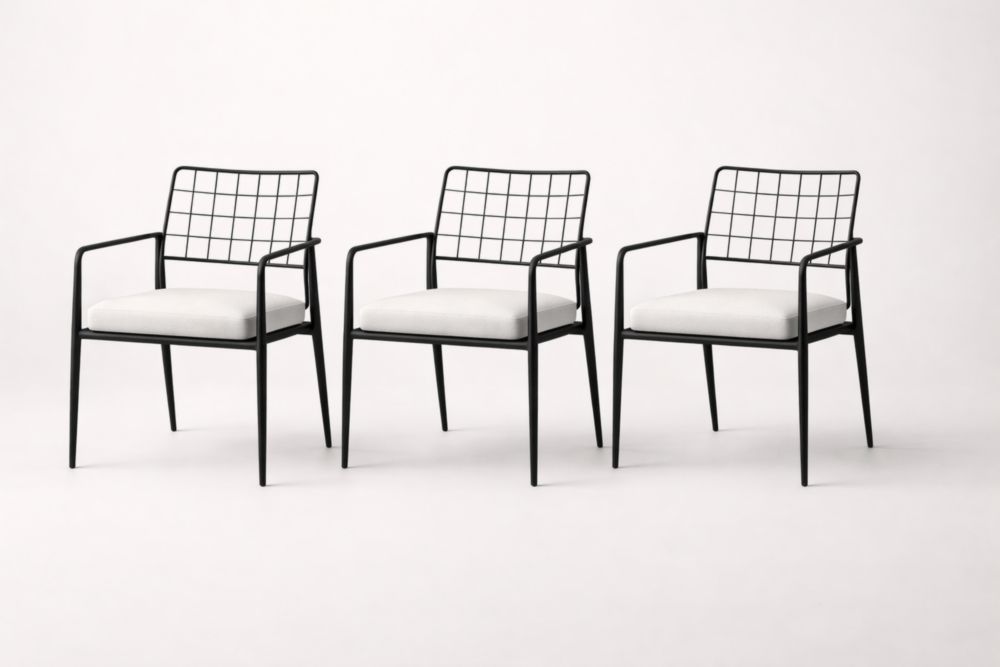 Set of 3 Steel Frame Dining Chairs with Polyester Cushions Black and White