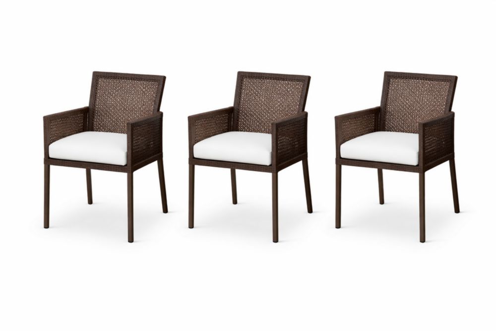 Set of 3 Brown Wicker Armchairs with White Cushions