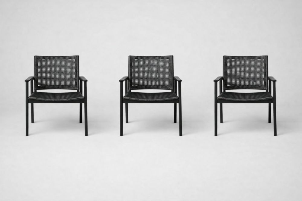 Black Outdoor Dining Chairs Set of 3 with Metal Frame and Woven Seat