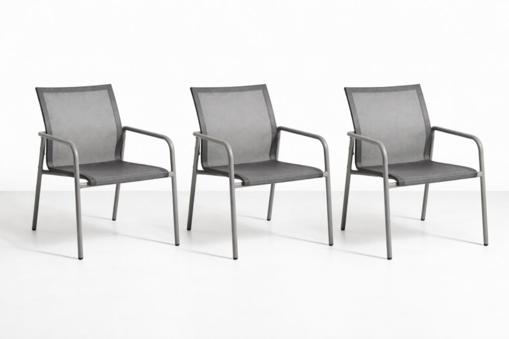 Outdoor Mesh Armchair Set of 3 Aluminum Frame Stackable Gray