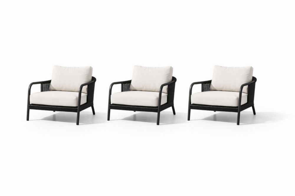 3-Piece Outdoor Lounge Chairs Set with Black Aluminum Frame and Beige Cushions
