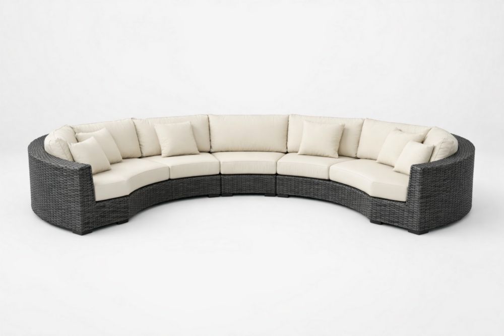Curved Rattan Patio Sectional Sofa Set with Cream Cushions - Wicker Frame