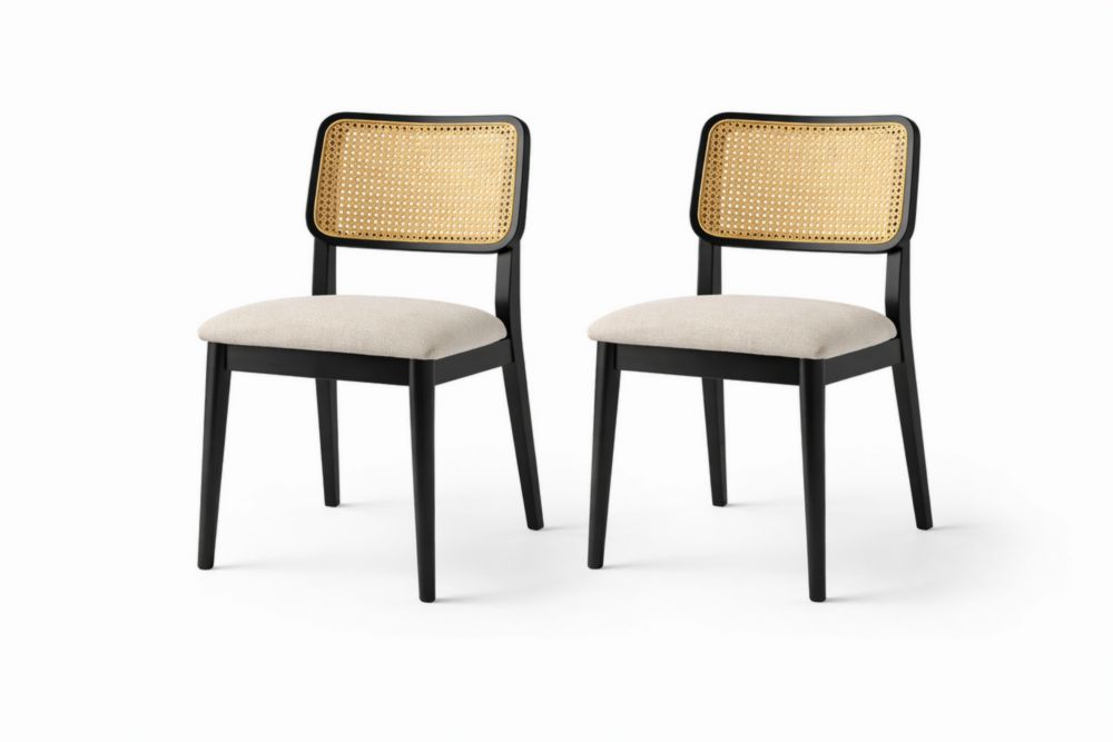 Set of 2 Rattan Back Wooden Dining Chairs with Cushioned Seats Black/Cream-Homefinor