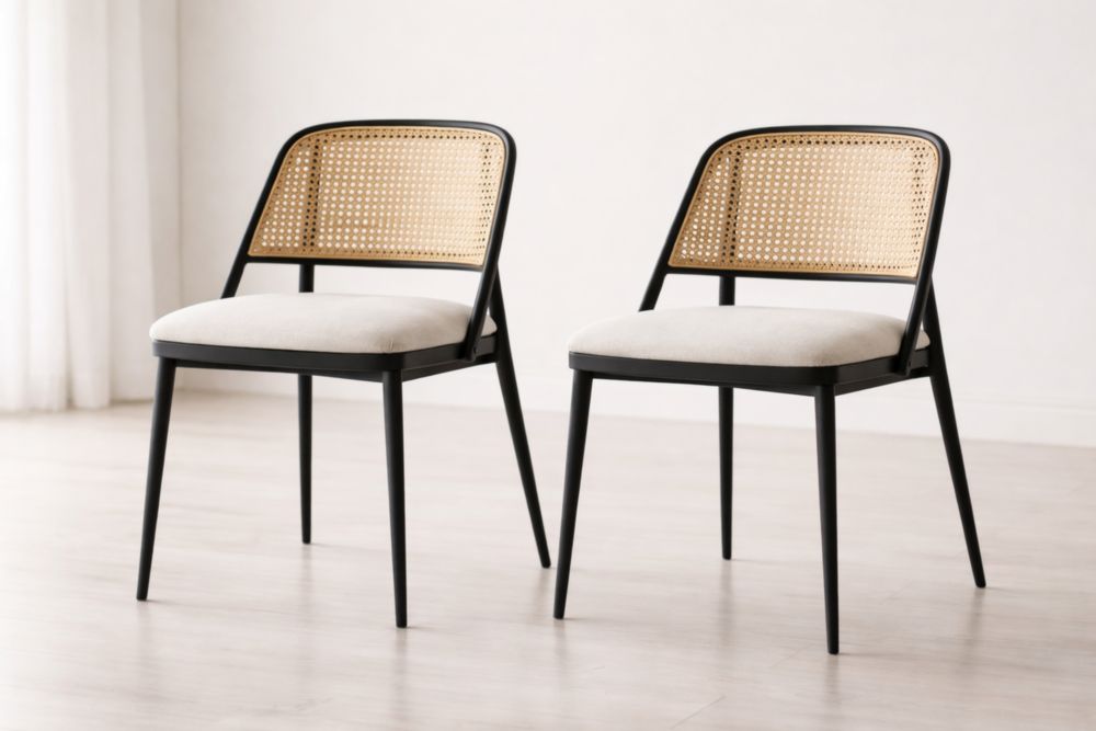 Set of 2 Steel Frame Dining Chairs with Rattan Back and Polyester Cushion-Homefinor