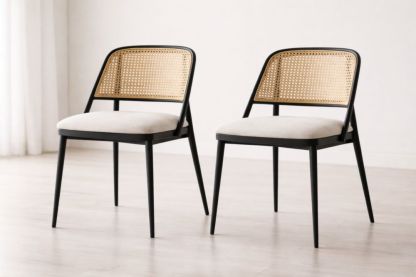 Set of 2 Steel Frame Dining Chairs with Rattan Back and Polyester Cushion-Homefinor