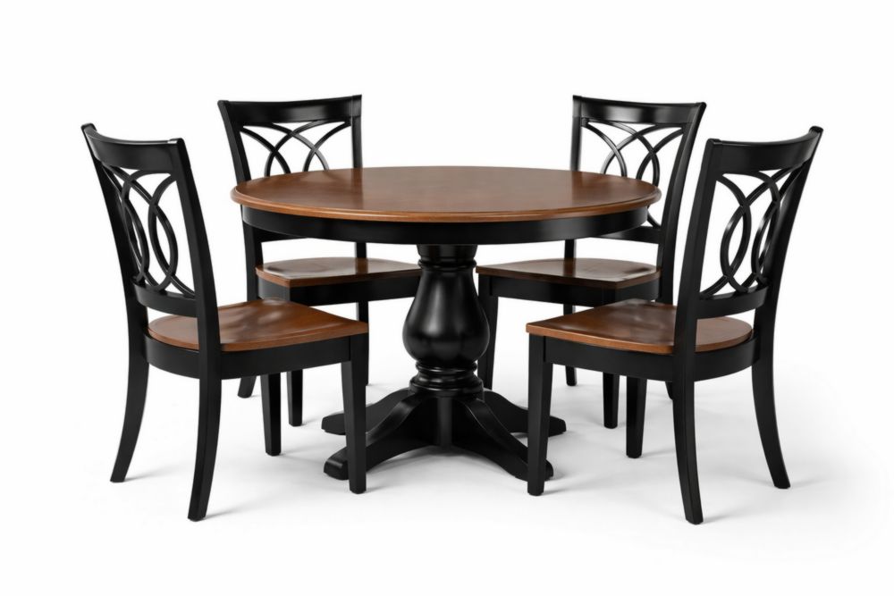 Round Rubberwood Dining Table Set with 4 Chairs, Brown Seat & Black Frame-Homefinor