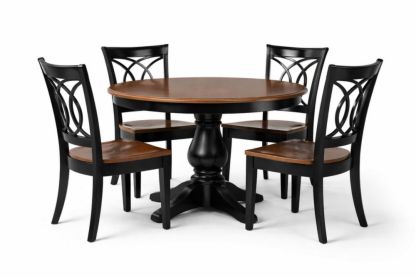 Round Rubberwood Dining Table Set with 4 Chairs, Brown Seat & Black Frame-Homefinor
