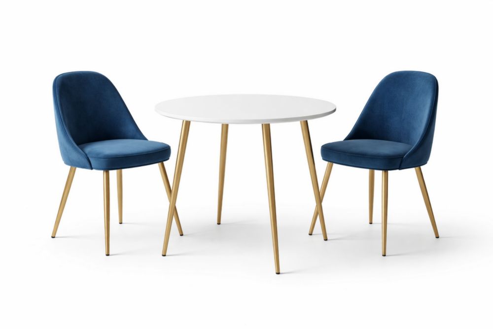 Round White Table with 2 Blue Velvet Chairs Set Steel Legs-Homefinor