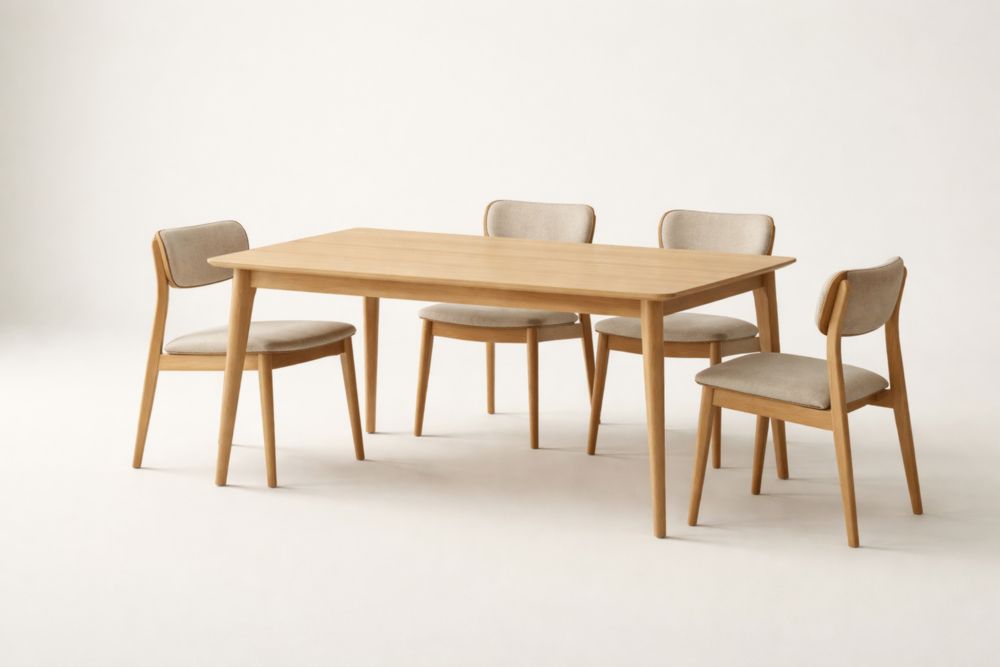 Dining Table Set Solid Wood Rectangle Table with Fabric Upholstered Chairs Beige-Homefinor