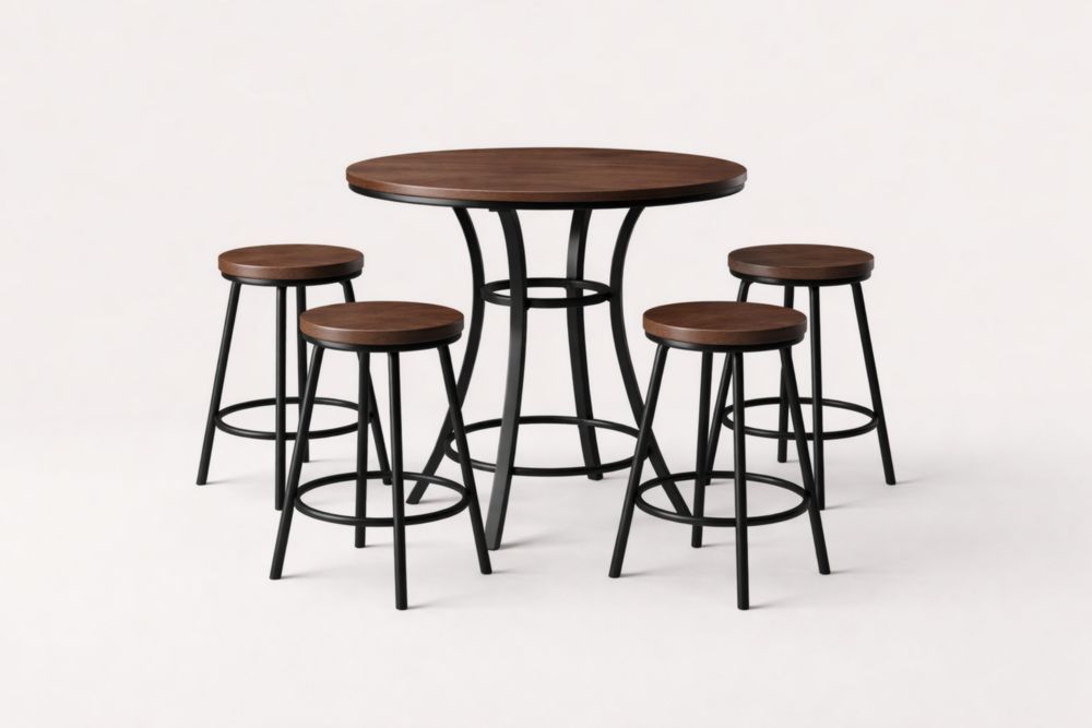 5-Piece Dining Table Set with Solid Wood Top and Black Steel Frame Brown 4 Stools-Homefinor