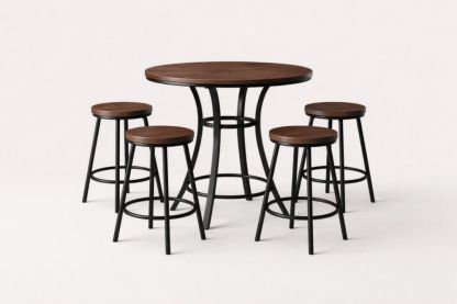 5-Piece Dining Table Set with Solid Wood Top and Black Steel Frame Brown 4 Stools-Homefinor