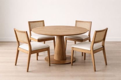 Round Teak Wood Dining Table with 4 Chairs Set-Livorestae