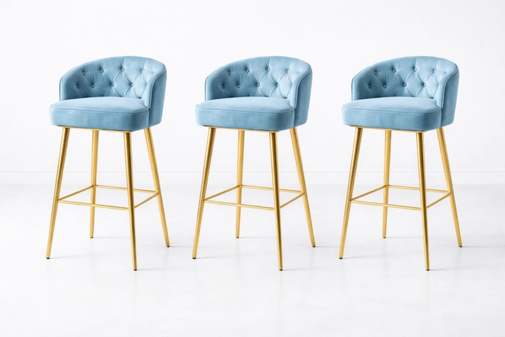 Set of 3 Velvet Bar Stools with Tufted Back and Gold Metal Legs in Light Blue-Livorestae