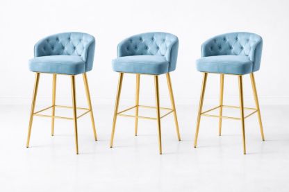 Set of 3 Velvet Bar Stools with Tufted Back and Gold Metal Legs in Light Blue-Livorestae